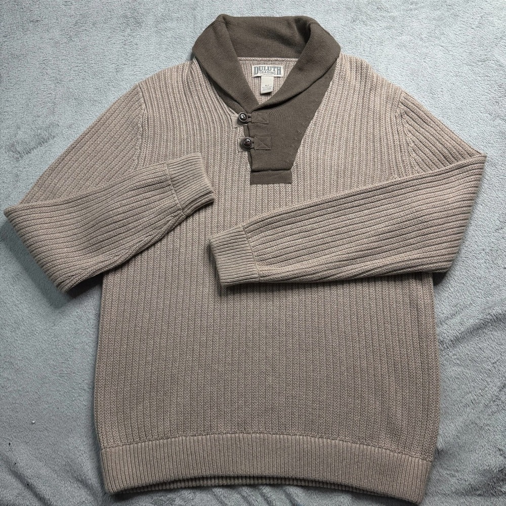 Duluth Trading Co Mens XLT Shawl Collar Ribbed Cotton Sweater Tan Brown